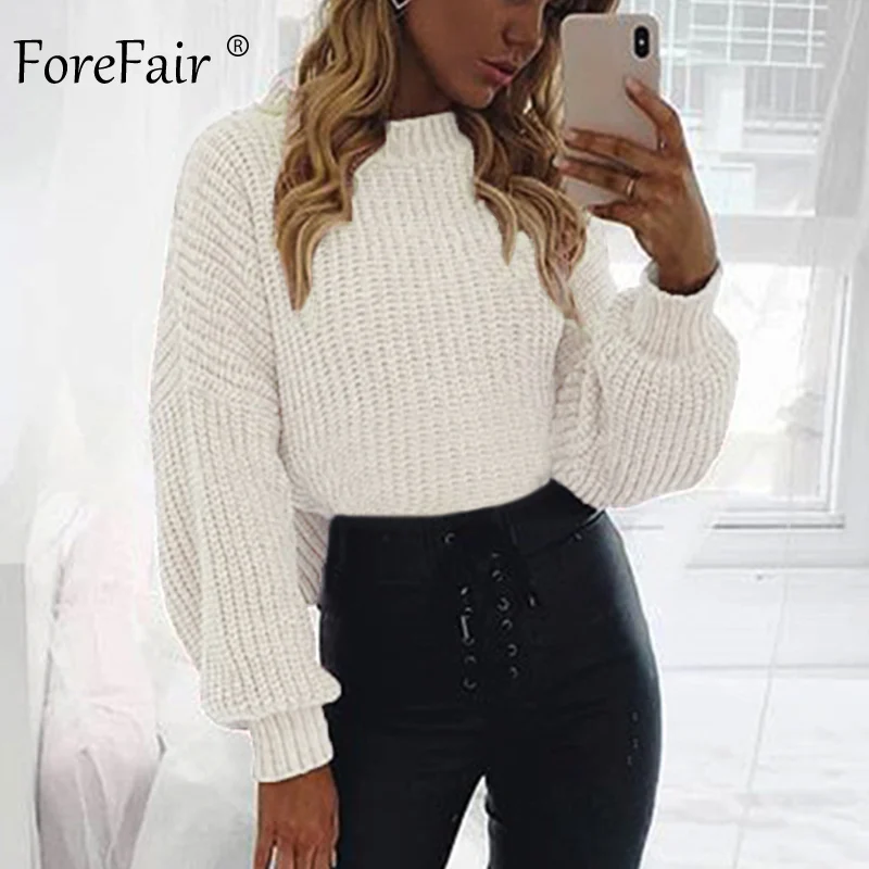 Baratos Forefair Casual suéter de cuello alto Mujer invierno tejer jerséis con diseño tipo farol manga corta negro blanco tejido sólido chaqueta de mujer