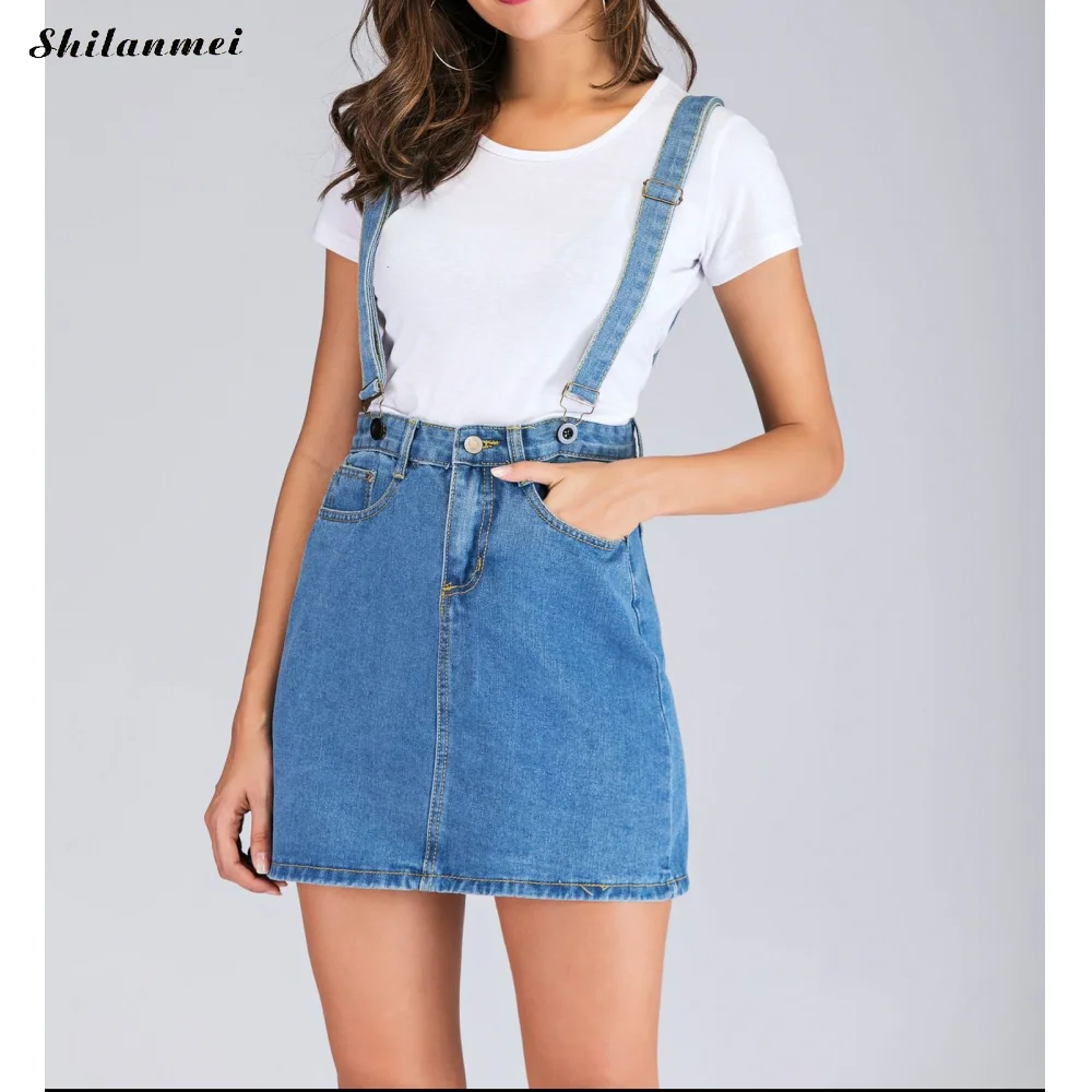 Falda acampanada de cintura alta para mujer, Falda vaquera con tirantes,  elástica, ajustada, estilo Preppy, ropa de moda para chica, 2019|Faldas| -  AliExpress
