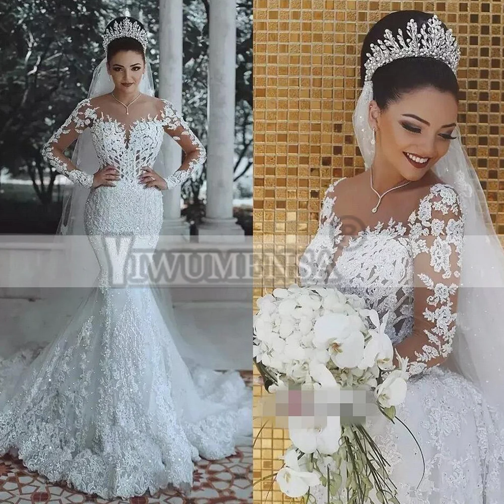 wedding dress for women Dubai Saudi Arabic Mermaid Wedding Dress Plus Size Full Sleeves Robe De Marriage Bride Appliques Lace Beads Bridal Gowns Chic blue wedding dress