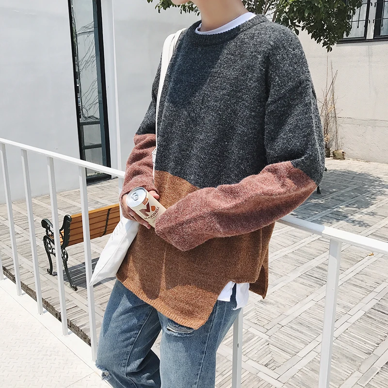 

2018 Autumn Student Contrast Color Personality Round Neck Long Sleeve Sweater Men Thickening Anomaly Lower Hem Male Pullover