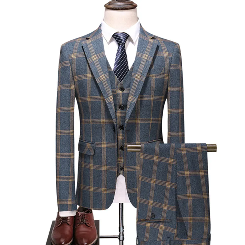 Мужская городская мода высокого класса на заказ британский плед свадебный банкет тонкий блейзеры 3 шт набор(костюм+ жилет+ брюки) M-5XL