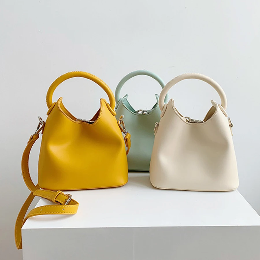 

Retro Candy Color Bucket Bag For Ladies High Quality Pu Leather Handbags Female Minimalist Wind Shoulder Bag Korean Style New
