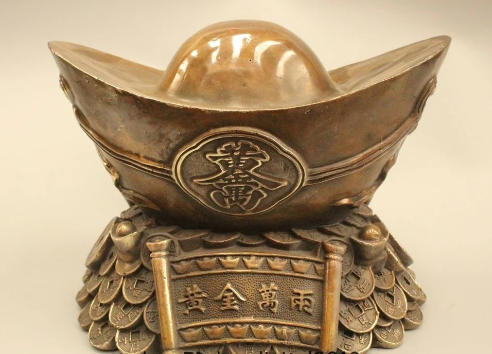 

8" Lucky China Chinese Fengshui Folk Bronze Money Wealth God Yuanbao Statue