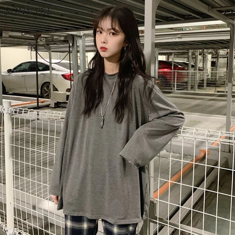 

T-shirts Women Long-sleeve Trendy Elegant All-match High-quality Korean Style Leisure Daily Womens Female Lovely Simple Solid