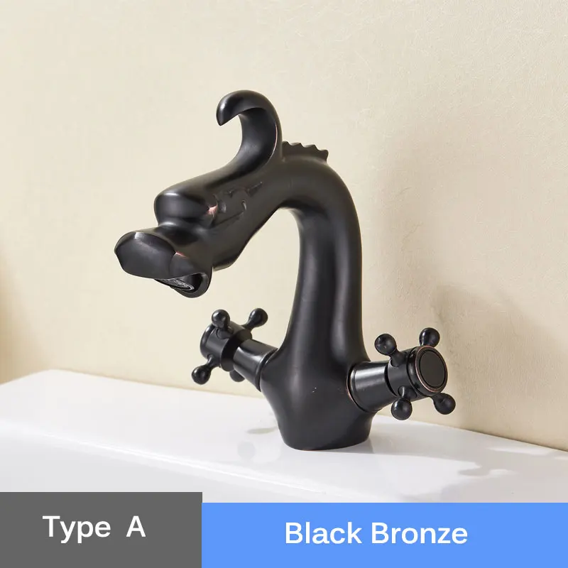 Хромированный кран в стиле дракона для ванной комнаты, кран для раковины, латунный кран с двойной ручкой для холодной и горячей воды в форме животного, смеситель для ванной комнаты - Цвет: A Black Bronze