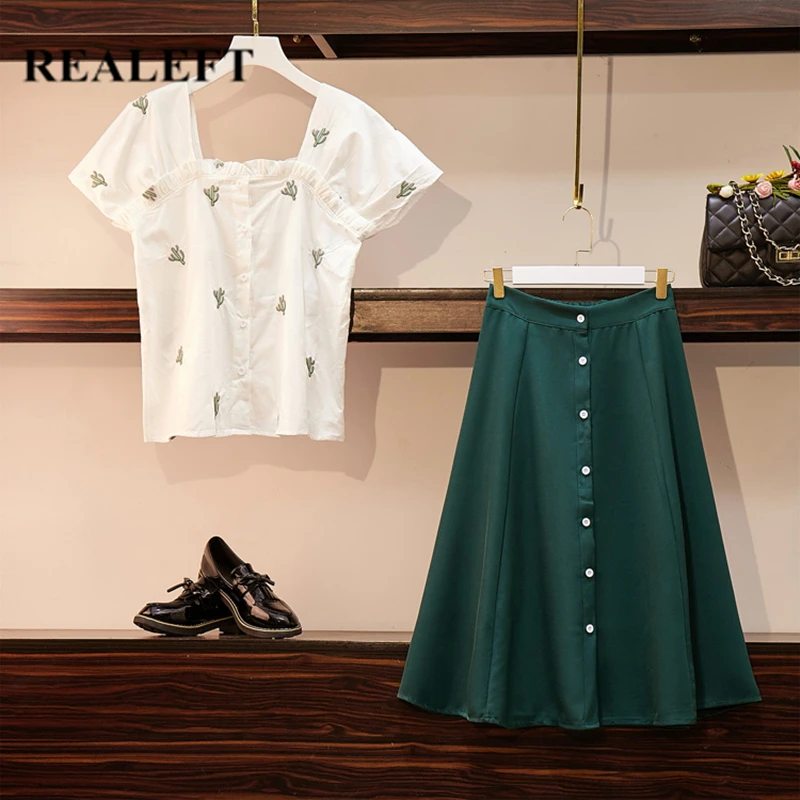 

REALEFT Summer Elegant Women Clothing Suits Short Sleeve Embroidery Shirts And Green Button Print A-Line Mid-calf Skirts