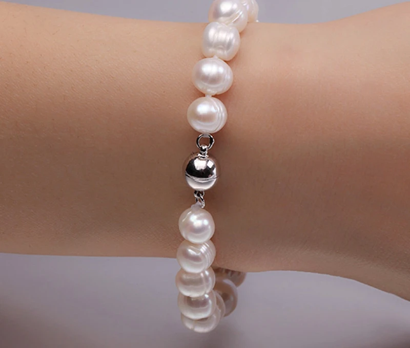 

Natural 8-10mm White Round Freshwater Pearl Bracelet Men Women 7.5