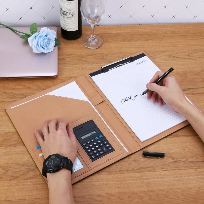

A4 Leather Conference File Folder Document Manager Organizer With Calculator