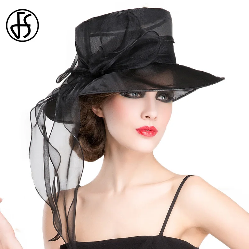 FS Black White Church Organza Wedding Dress Fedora Hat For Women ...