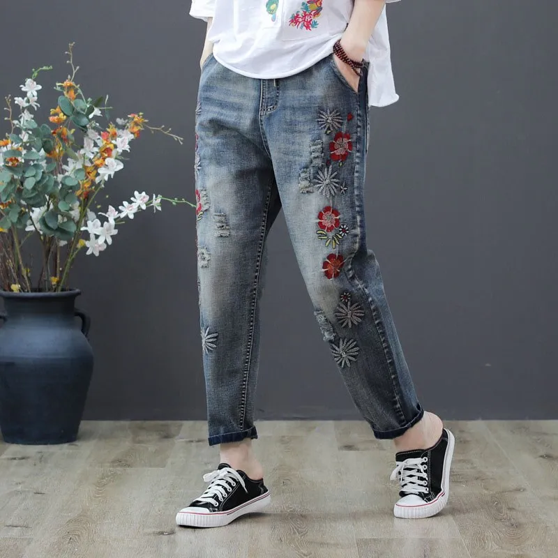 

Spring Summer Vintage Floral Embroidered Jeans Loose Women Casual High Waist Harem Pants Washed Denim Jeans Ladies Trousers