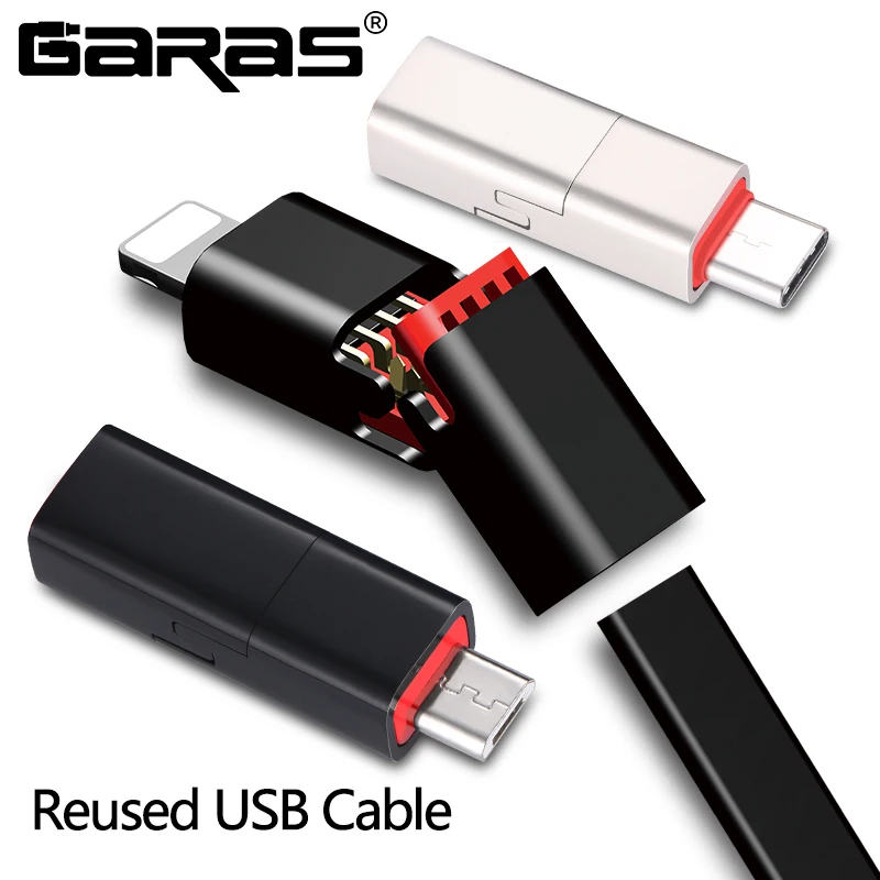 GARAS Reused USB Cable For iPhone/Micro USB/Type C Fast Charger Data Cable For iPhone/iPad/Xiaomi/Huawei Reusable USB Cable 1.5m