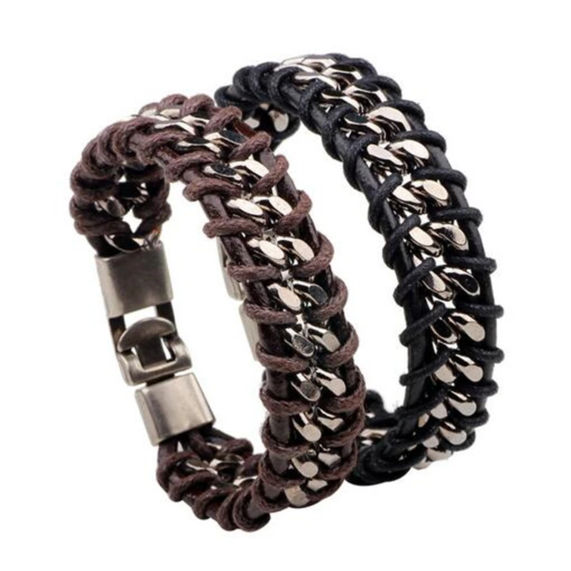 

Vintage Braided Genuine Leather Bracelet Punk Wide Cuff Hollow Bracelet For Men Jewelry Wholesale Stainless Steel Bracelets