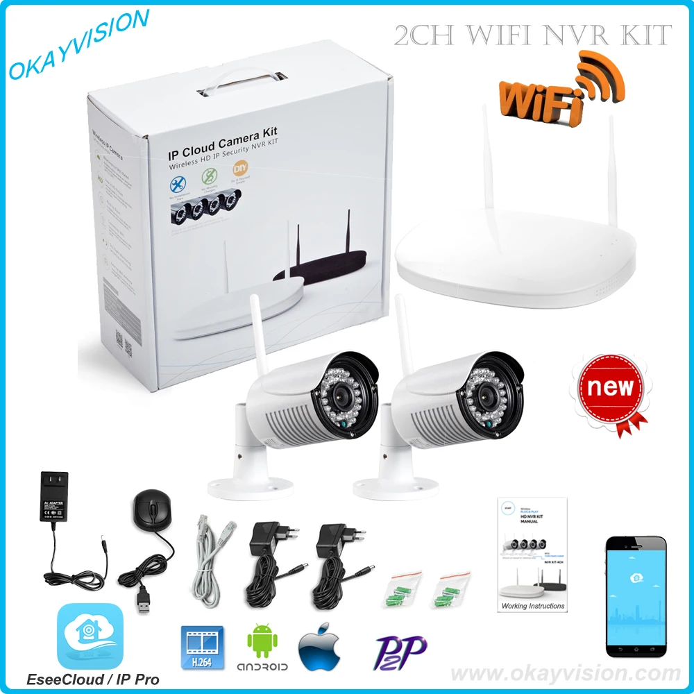 CCTV Системы 720 P 2ch HD Беспроводной NVR комплект Открытый ИК Ночное видение ip Камера Wi