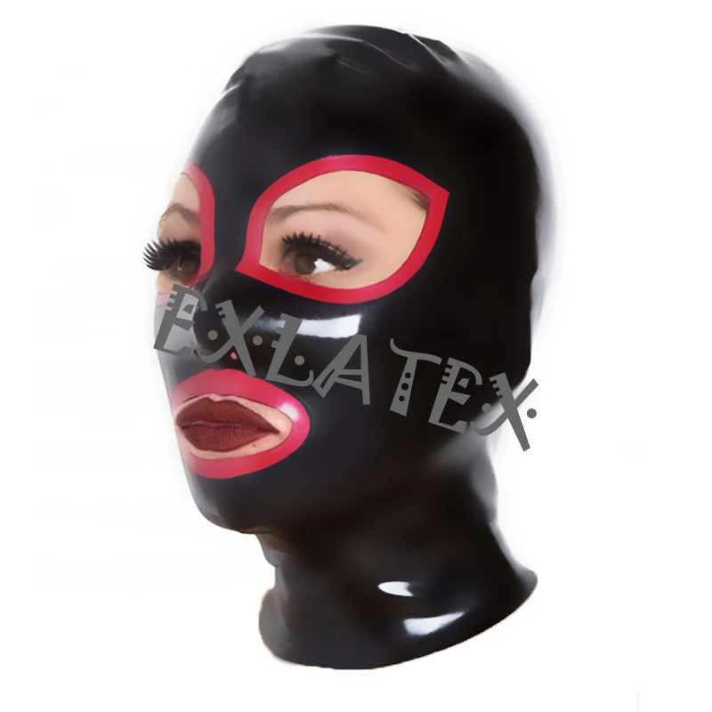

Latex Hood Mask Holiday Rubber Hoods SM Mask with Red Trim Shaped Eyes and Mouth Nose Open Black Halloween latex Mask Fetish