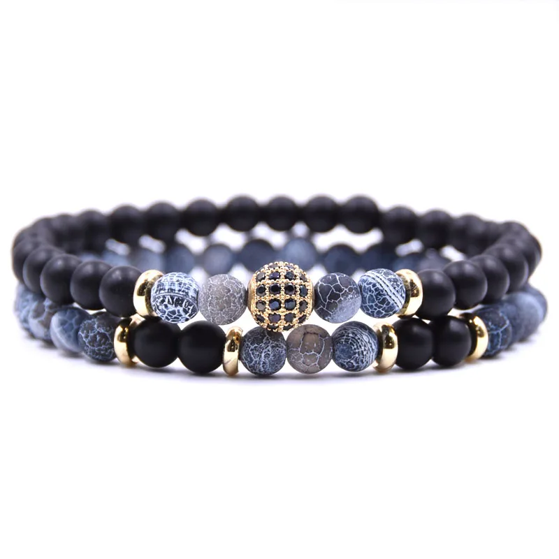 

HYHONEY 2pc/sets Natural stone Bracelet men Micro Pave CZ 8mm Disco Ball Charms Bracelets for women Men jewelry viking bijoux