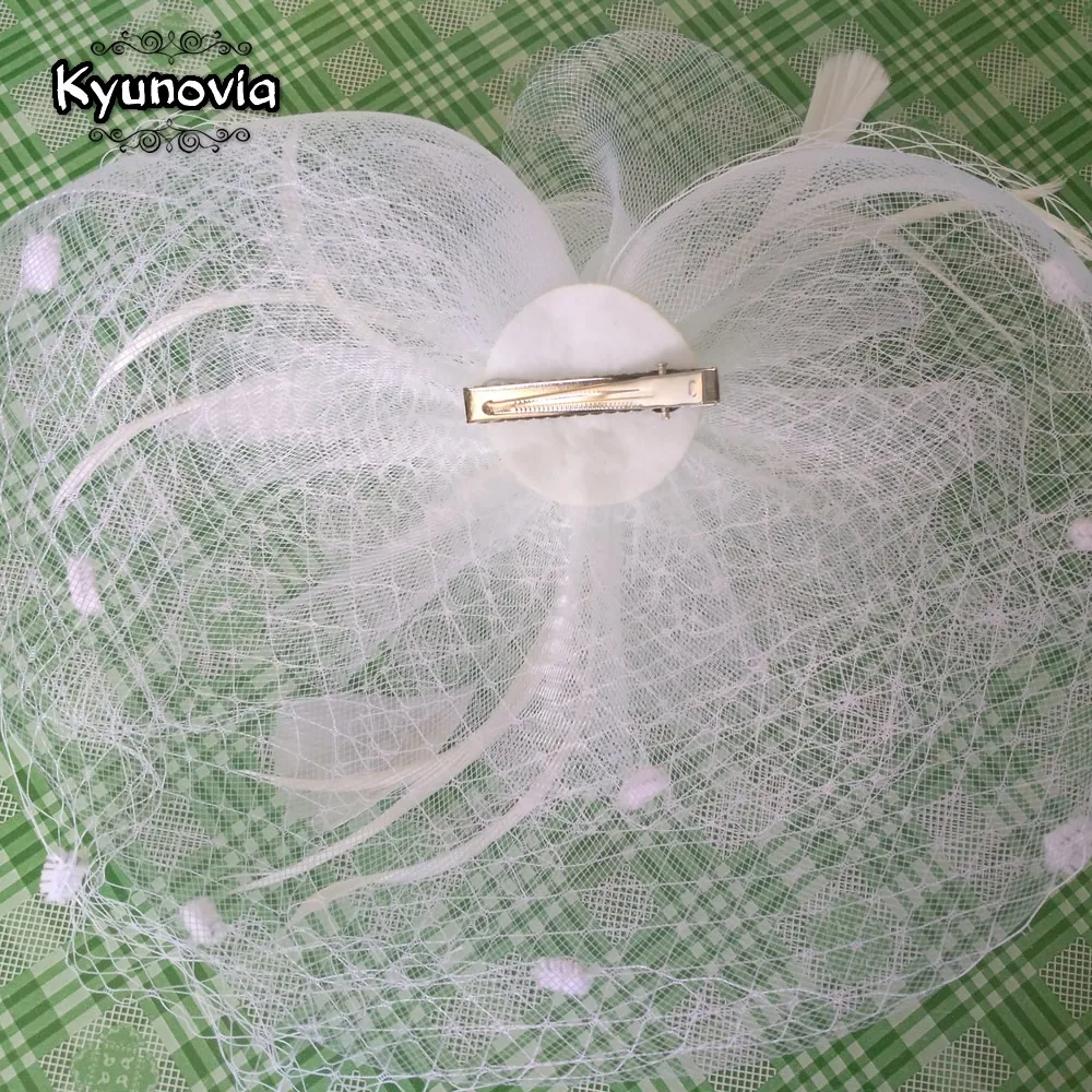 White Bridal Net Feather Hat with Veil - Kyunovia Bridal Flower Feathers Fascinator for Wedding Bride image 6