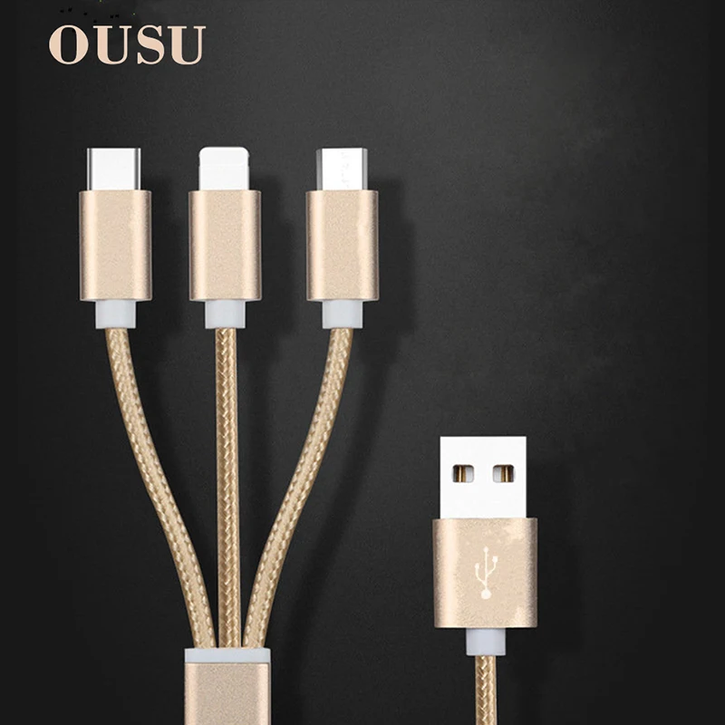 

OUSU 3 in 1 USB Cable 2.4A Fast Charging For iphone 7 8 x USB tipo C sarj kablosu For xiaomi kabel For Lighting Cable Micro USB