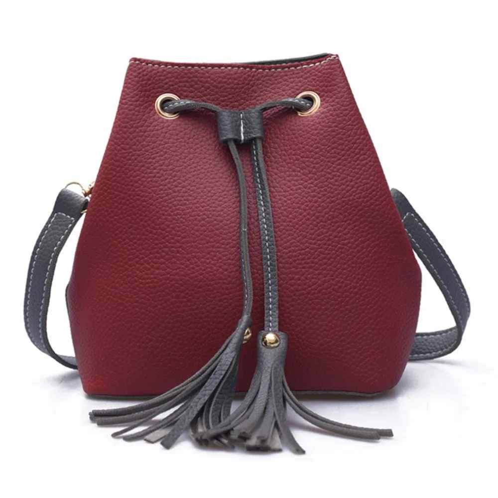 Women Long Tassel Bag PU Leather Bucket Shape Casual Shoulder Bag ...