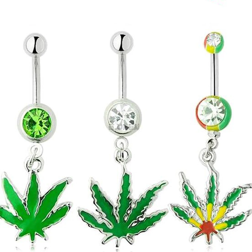 FAMSHIN Sexy rhinestone ball green leaf medical stainless steel navel