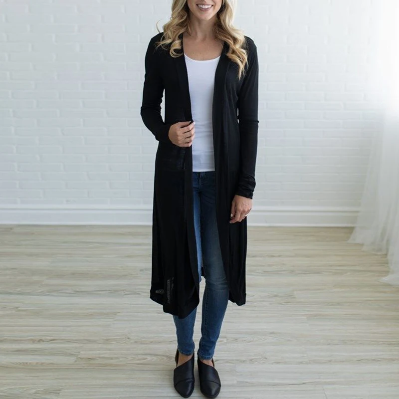 New Women Long Sleeve Solid Long Cardigan Ladies Casual Party Coat Kimono Jacket