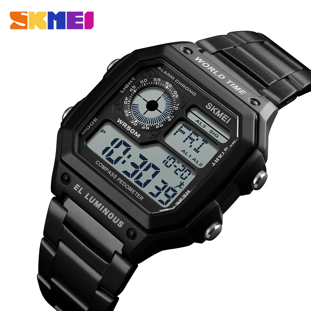 

SKMEI Sport Mens Watches Compass Calorie Pedometer 5Bar Waterproof Watches Stainless Strap Digital Watch reloj hombre 1382