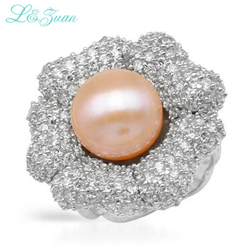 

I&zuan s925 Silver Pearl Rings For Womens Diameter 9~10mm Cultured Freshwater Pearl Flower ladies Fine Jewelry Gift