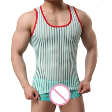 Man Tank Tops Brand Sexy Mesh Fitness Vest Man Striped Sheer Tops See Through Male Tank Top Tanks Gay Wear Designed Shirt O-Neck