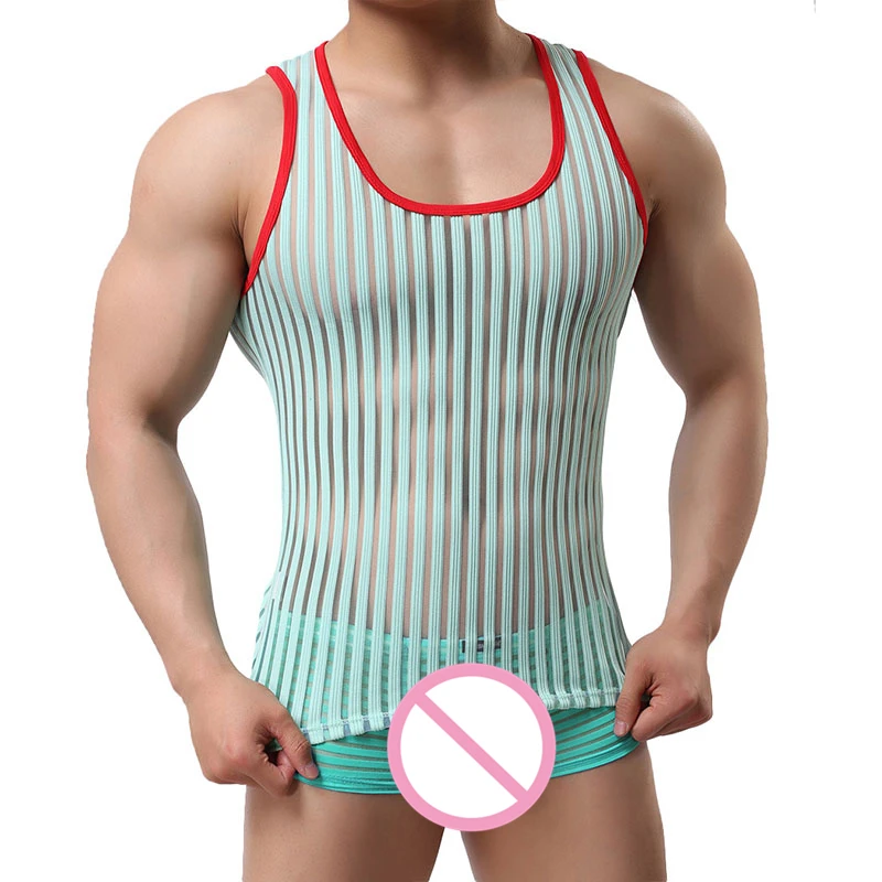 

Man Tank Tops Brand Sexy Mesh Fitness Vest Man Striped Sheer Tops See Through Male Tank Top Tanks Gay Wear Designed Shirt O-Neck
