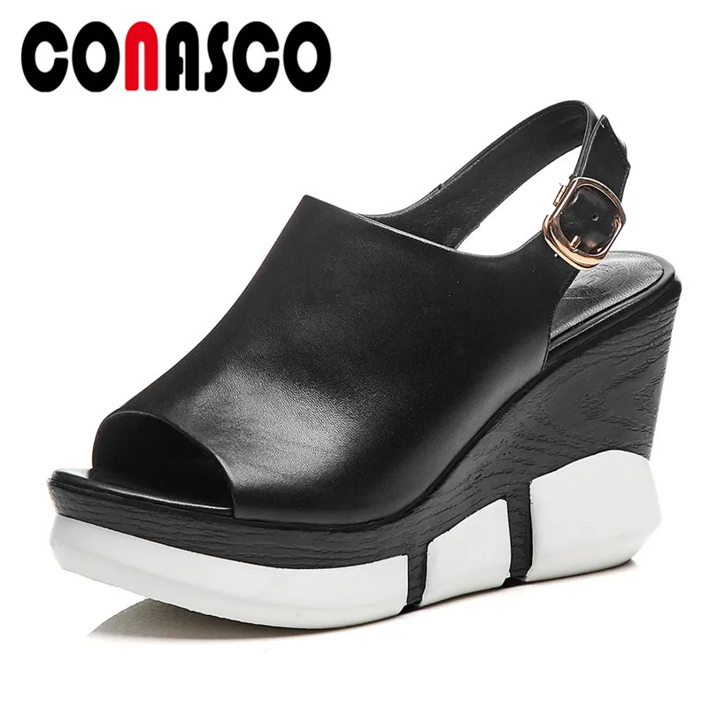

CONASCO Summer New Women Sandals 2019 Genuine Leather Fashion Solid Women Wedges Shoes Woman Casual Single Shoes Party Shoes