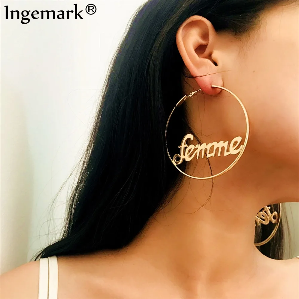 Женские большие серьги кольца Ingemark золотистые с надписью 2019|Серьги-кольца| |