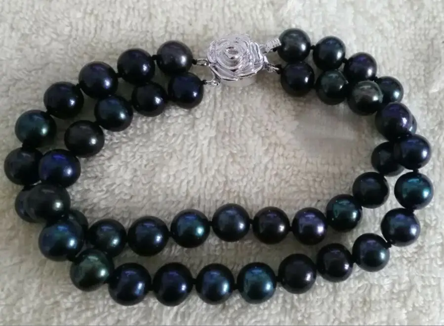 

double strands 9-10mm natural black pearl bracelet 925silver clasp