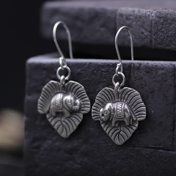

JINSE Bohemia Elephant Leaf Drop Earrings for Women Ethnic Antique 925 Sterling Silver Dangle Earring Fashion Jewelry 5.7G 24MM