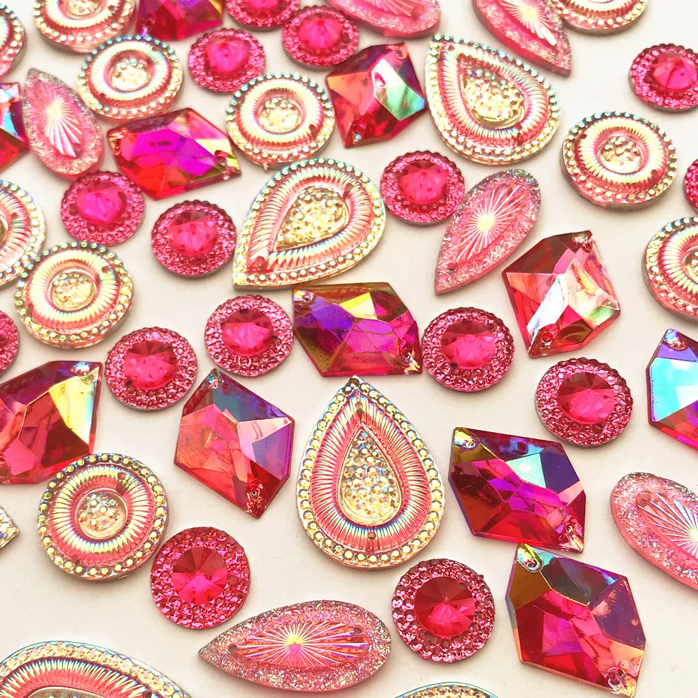 혼합 된 모양 수 지 핑크 레드 자홍색 Ab 플랫 다시 크리스탈에 바느질 Rhinestones Strass 돌 결혼식 저녁 드레스 예술에 대 한 바느질