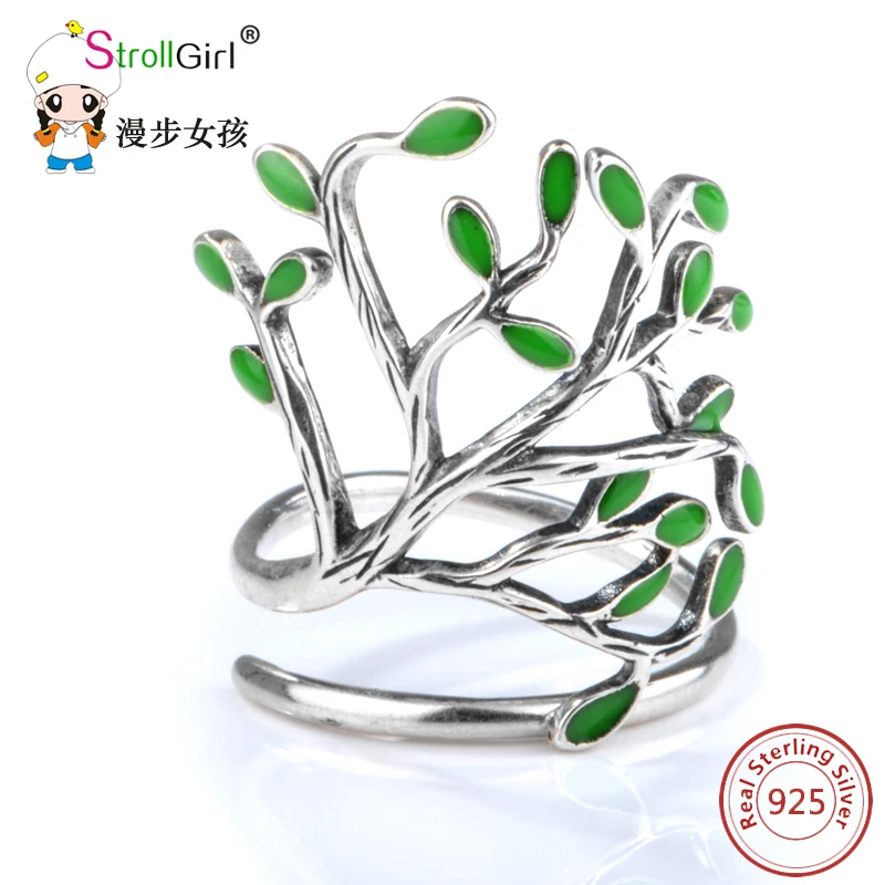 

Strollgirl Authentic Openwork Hollow Out Tree Rings 925 Sterling Silver Jewelry Rings Green Leaves Accessories Jewelry for Women