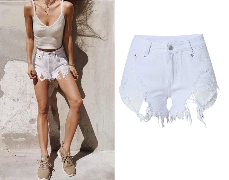  2017 Best Selling Women Pure White High Waist Slim Grinding Patch Holes Irregularly Exposed Jeans Pants Sexy Girl Denim Shorts (1)