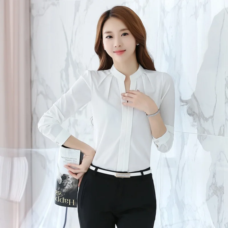 Women Office Lady Chiffon Blouse Elegant Loose Long Sleeve Shirts