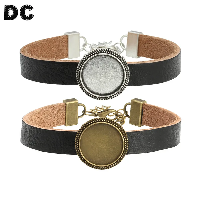

Black Leather Bracelets Bangle Cuff 18mm Round Antique Bronze/Silver Plated Blank Cabochon Charms DIY Jewelry Findings F5341