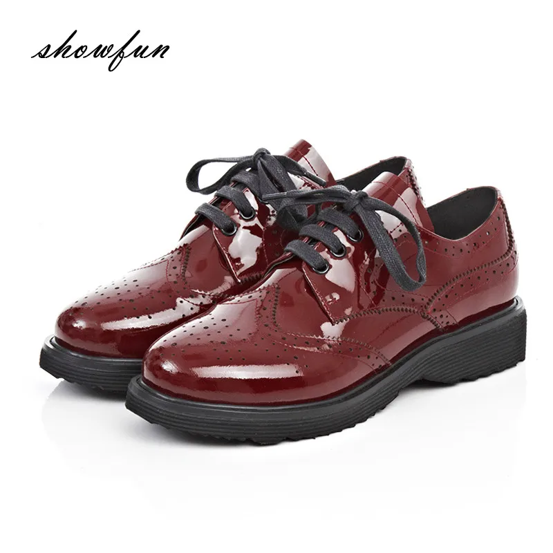 

Women's Genuine Patent Leather Lace-up Carving British Style Flats Oxfords Brand Design Leisure Espadrilles Brogues Shoes Women