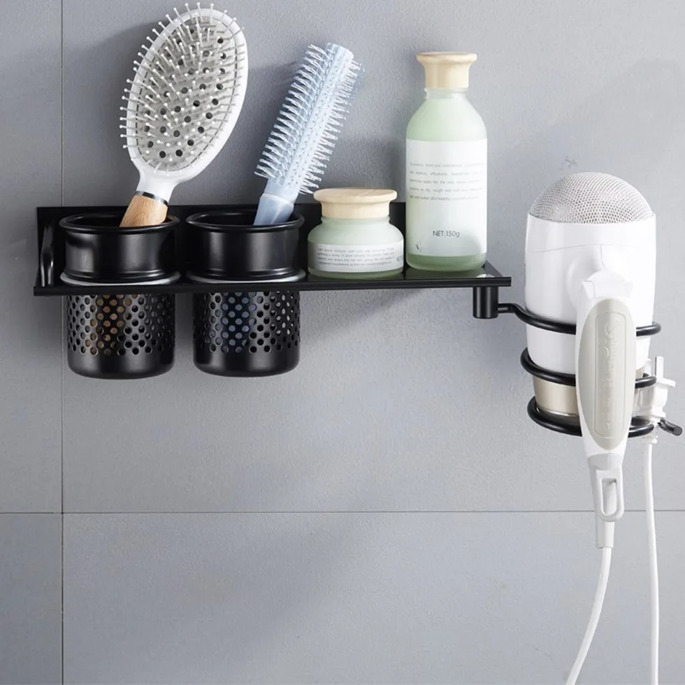 

Black Hair Dryer Rack with Cup Households Wall Mount Shower Rack Hair Blow Hair Dryer Holder Aluminum Shelf Bathroom Accessories