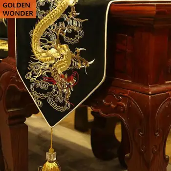 

Chinese Style Classical Dragon Gold Black Embroidery High Grade Table Runners Bed Runner Dinning Room Decoration