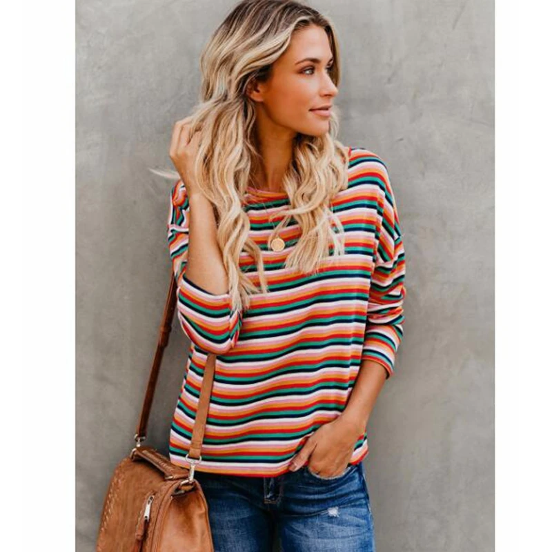 

Autumn Base Shirt Long Sleeve Striped Sexy Round Neck Striped Print Casual Top T-Shirts Women 2018
