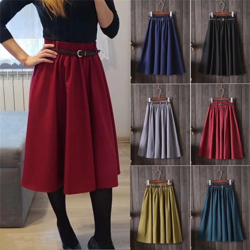 

2019 New Women Autumn Winter Pleated Skirts With Belt Solid High Waist Skirt Women Vintage Casual Loose Skirts Elegant Faldas
