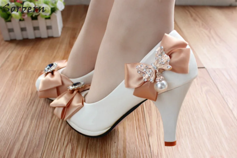 Sorbern/атласные свадебные туфли цвета шампанского с бантом; свадебные туфли на высоком каблуке 8 см, на платформе, без шнуровки, с синими кристаллами; стразы; обувь для подружки невесты - Цвет: 8cm Heel