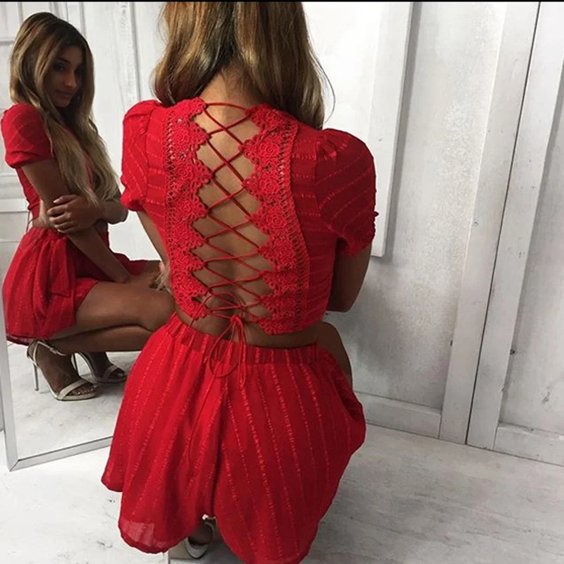 

Sexy Red Backless Lace Up 2 Piece Set Summer Women Short Sleeve Crop Top and Shorts Casual Streetwear Slim Fit Jumpsuit 2019