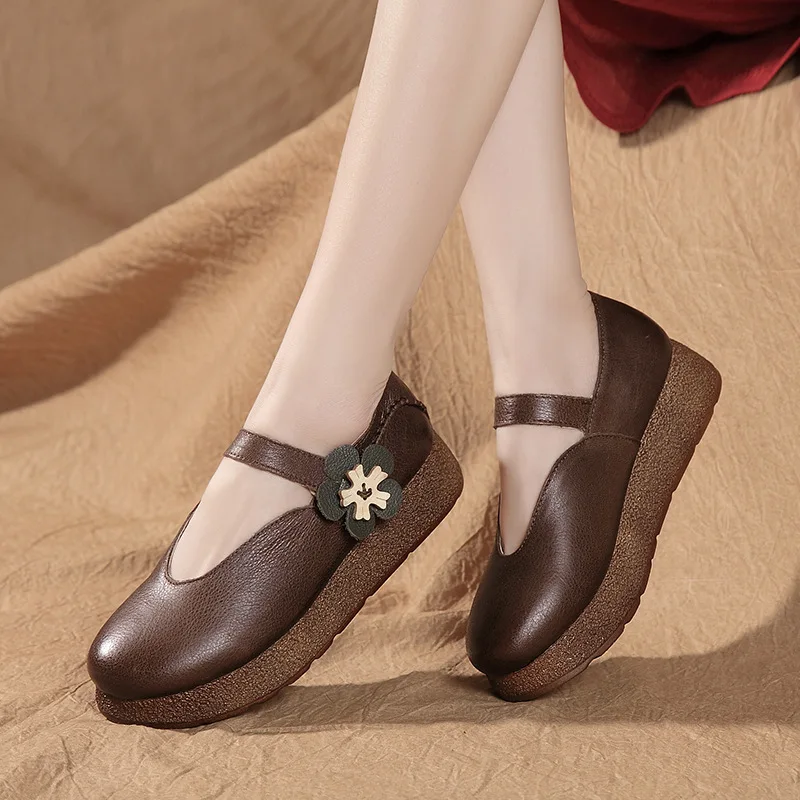 

Spring Autumn Shoes Woman Cow Leather Shoes Light Heel Flats Genuine Leather Flower Lovely College Style Girl Shoes