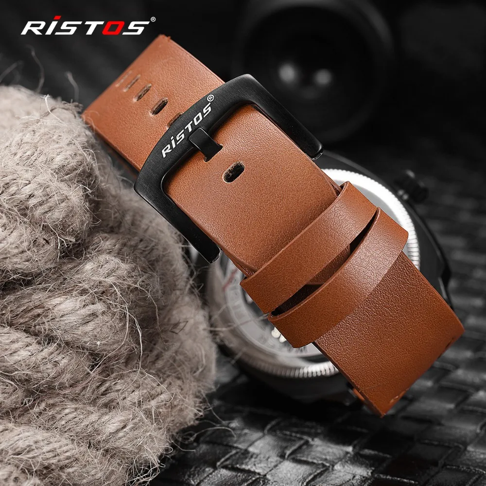 RISTOS Мужские кварцевые аналоговые часы в армейском стиле кожаные Reloj Masculino Hombre
