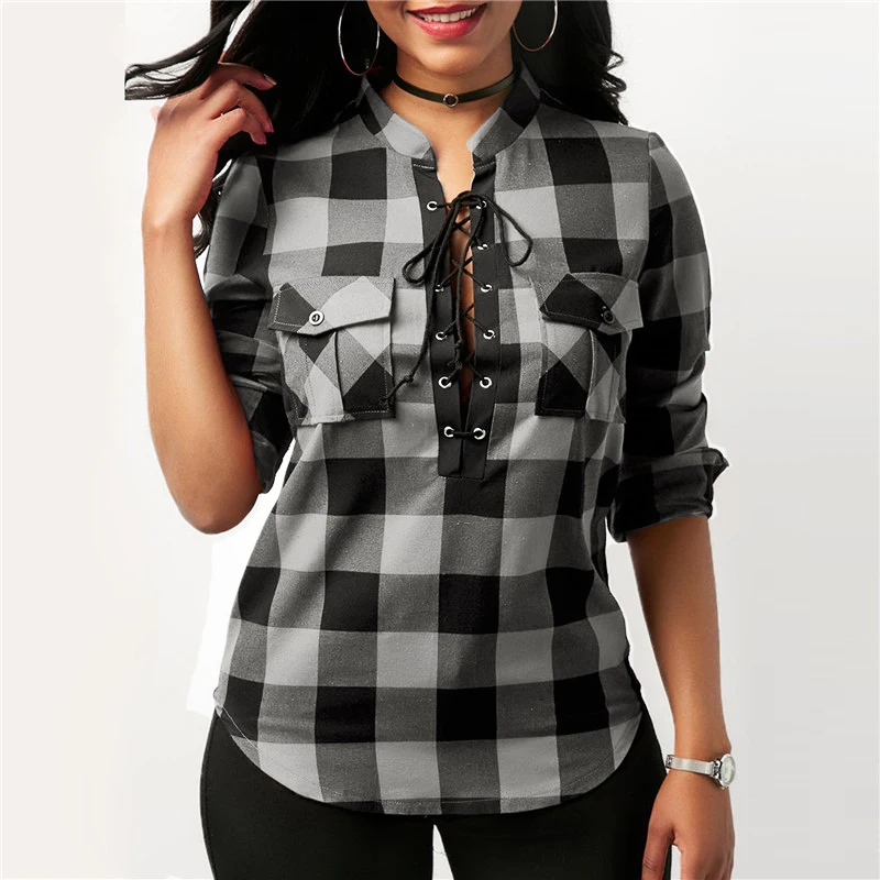 

Women Plaid Shirts 2018 Spring Long Sleeve Blouses Shirt Office Lady Cotton Lace up Shirt Tunic Casual Tops Plus Size Blusas
