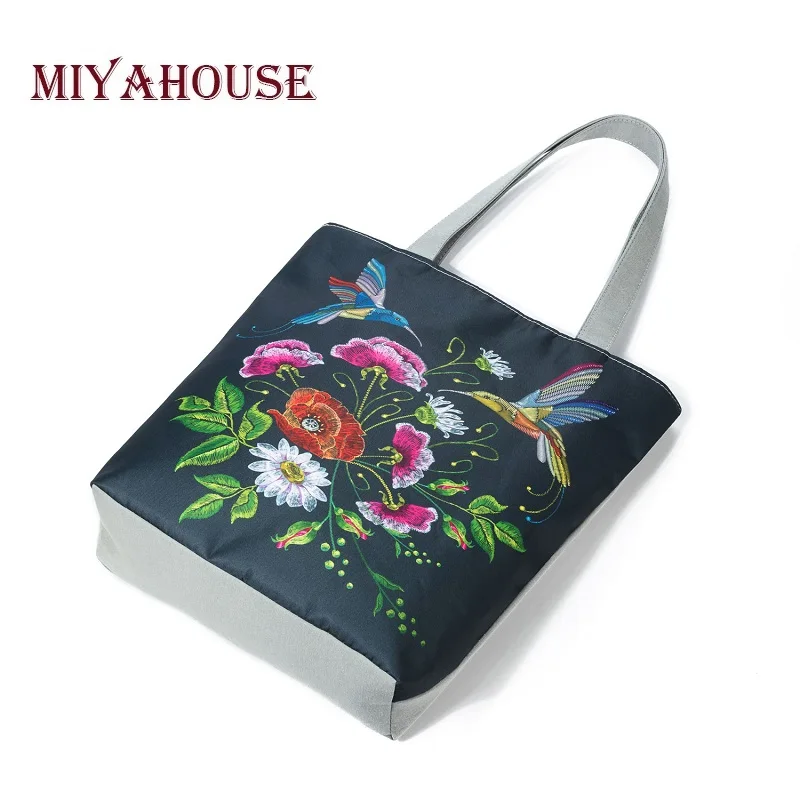 Miyahouse الملونة الزهور و الطيور طباعة حقيبة كتف المرأة Lmitation التطريز عارضة حقيبة يد الإناث قماش سيدة حقيبة يد