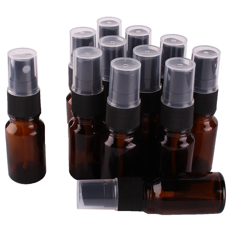 12pcs 10ml Amber Glass Spray Bottle w/ Black Fine Mist Sprayer