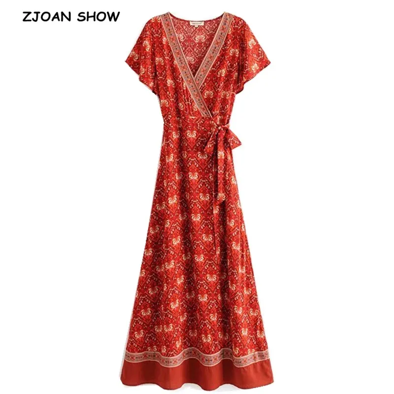 

2019 Bohemian Cross V neck Rhombus Floral Print Wrap Dress Red Lacing up Waist Split Mid Long Women Summer Dresses BOHO Vestidos
